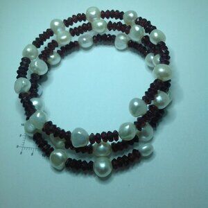 Fresh Water Pearl and Garnet Memory Wire Bracelet